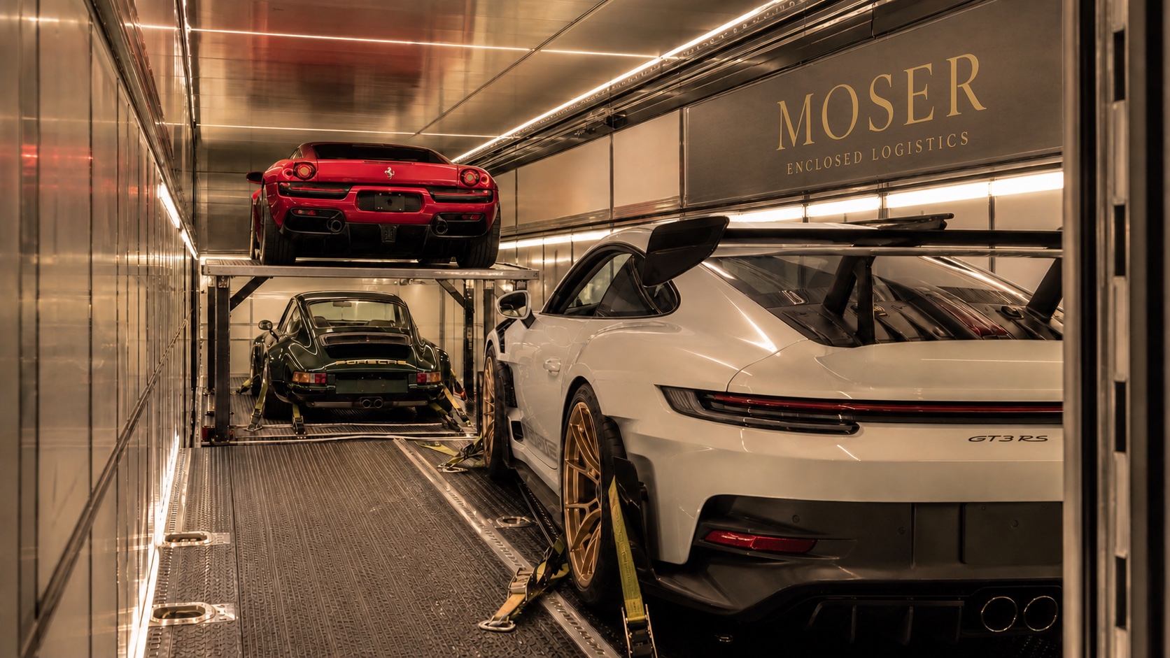 Modern Porsche and Ferrari models secured inside a branded ELS Fleet Services enclosed trailer