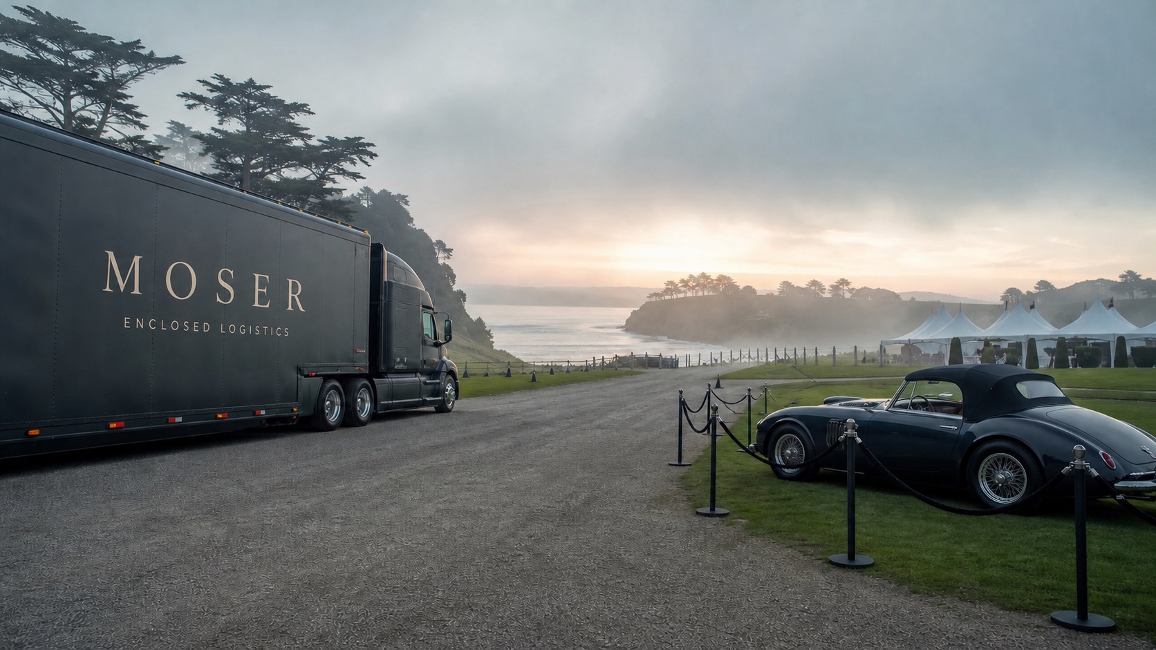 ELS Fleet Services enclosed transporter staged near a coastal concours venue