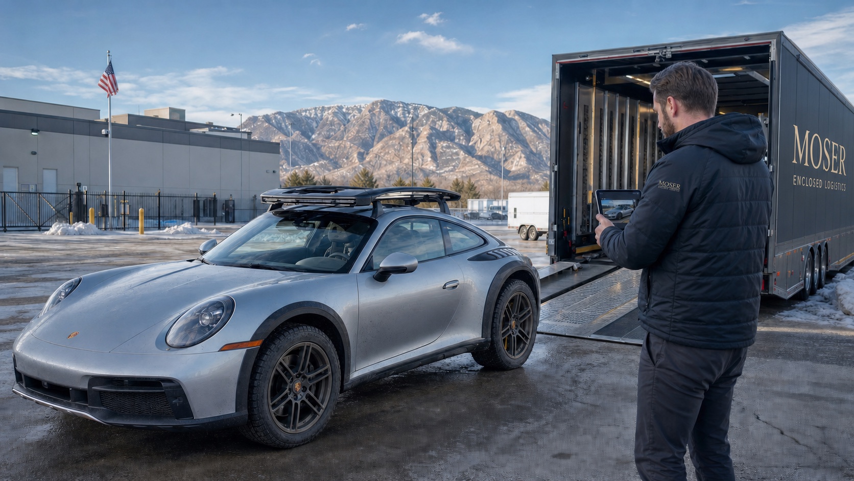 ELS Fleet Services advisor documenting a Porsche 911 Dakar before enclosed loading in Colorado