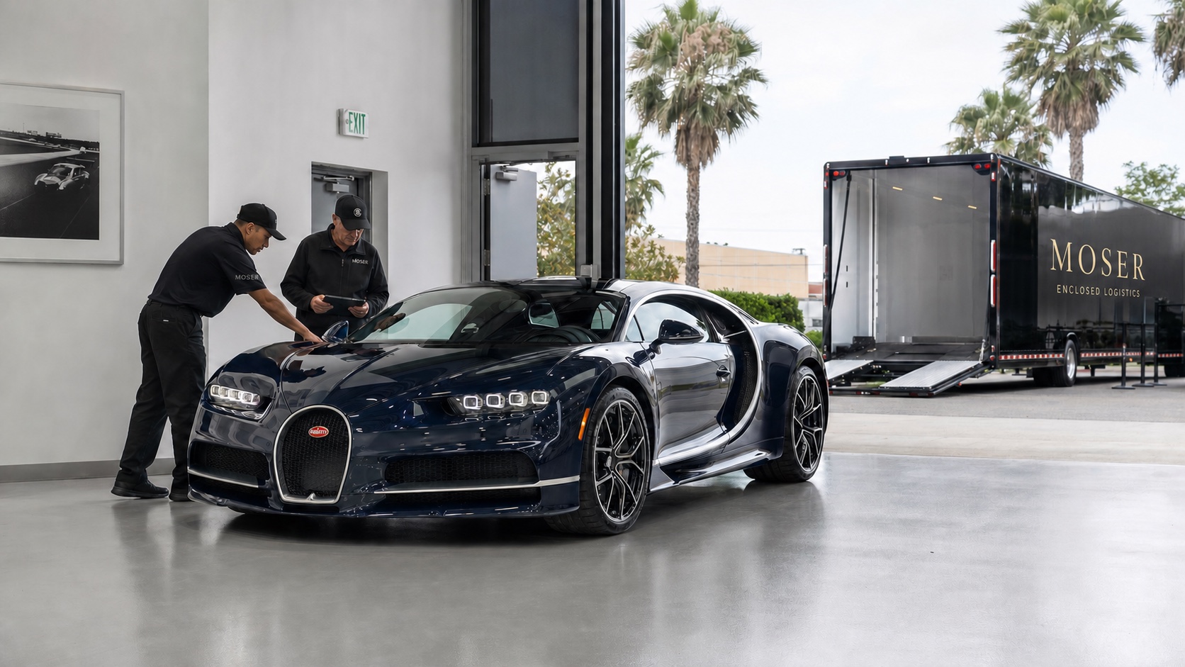 ELS Fleet Services specialists inspecting a Bugatti Chiron at delivery in Los Angeles