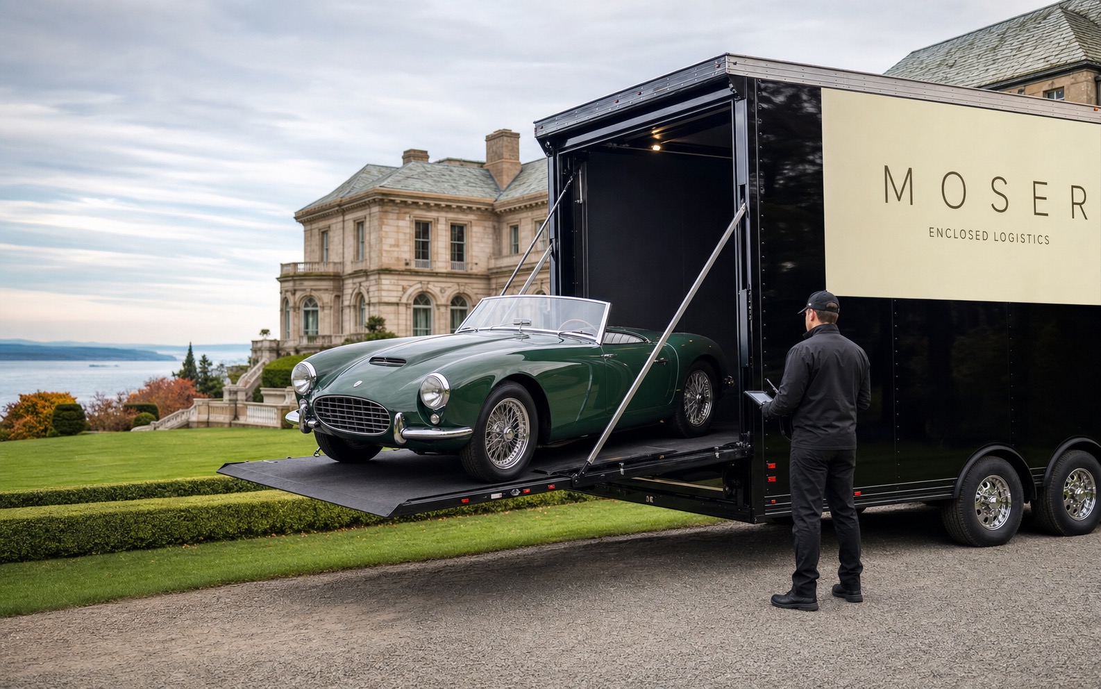 Classic car unloading from a branded ELS Fleet Services trailer near a Newport estate