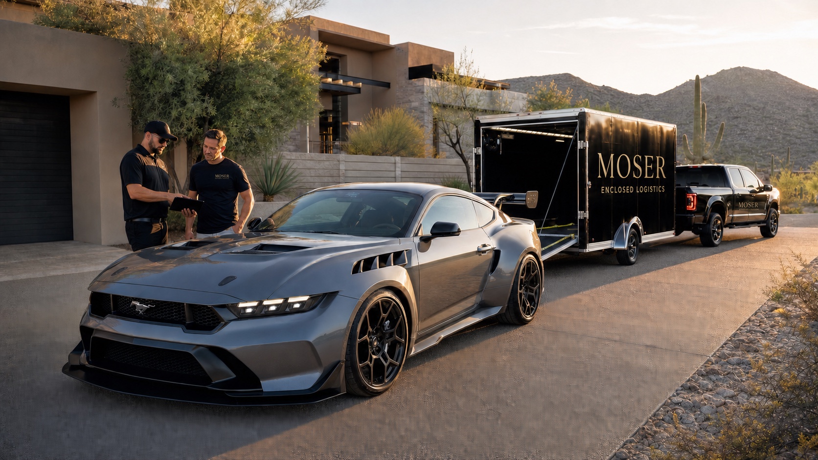 ELS Fleet Services advisor coordinating a Ford Mustang GTD pickup at an Arizona residence